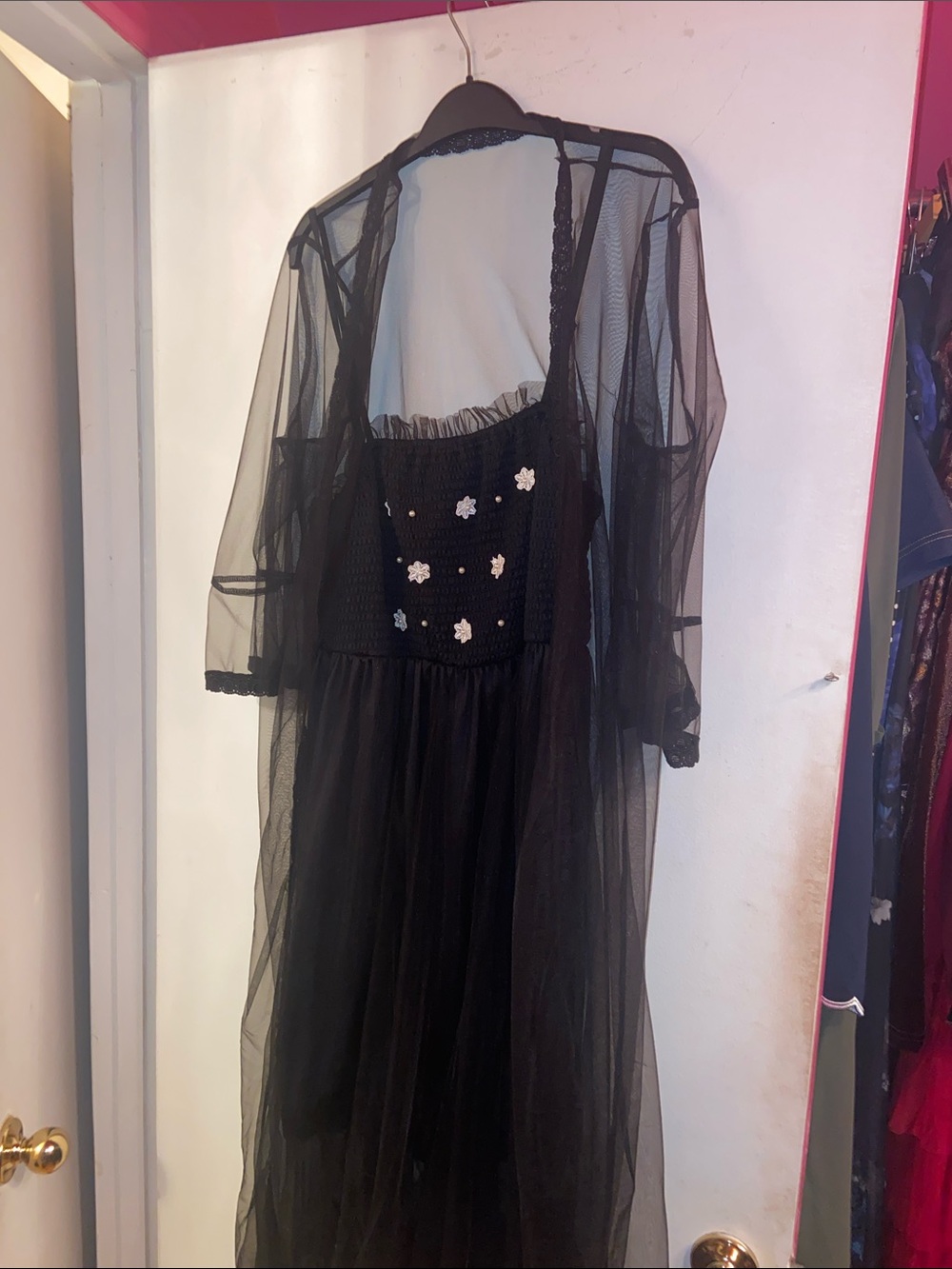 SHEIN Black Mesh Maxi Dress with White Floral Details